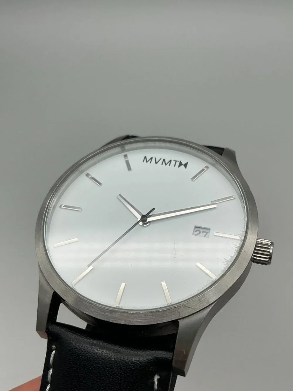 MVMT Classic Men Watch 45mm Stainless White Dial Black Leather New Battery